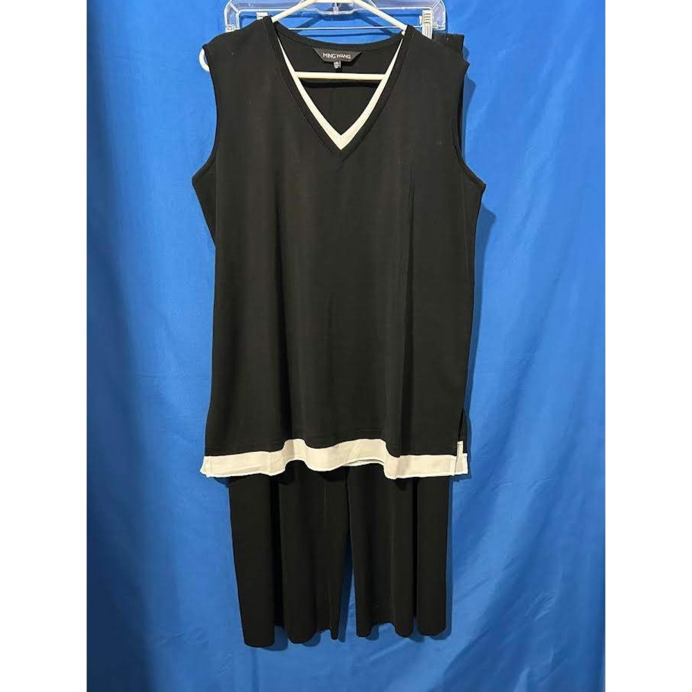Ming Wang Black White Contrast Knit Tunic and Wide Leg Pant Set L XL Minimalist